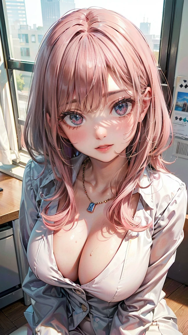 (Masterpiece, BestQuality:1.3), (ultra detailed:1.2), (hyperrealistic:1.3), (RAW photo:1.2), High detail RAW color photo, professional photograph, (Photorealistic:1.4), (realistic:1.4), (Pink Hair:1.5), professional lighting, perfect anatomy, (Big Breasts:1.2), (blush, detailed face), (cheerful Smile:1.5), Trending Hair&Trending Hairカラーをランダムに, earrings, necklace, bracelet, sexly, erotic sexly, Random sexy gravure poses, (Sexy beauty in a white suit、Urban Offices、Businesslike look、Straight Hair、Sitting on desk pose。:1.3)