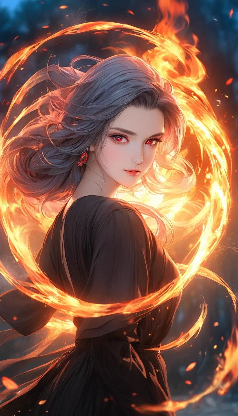 best quality, super fine, 16k, incredibly absurdres, extremely detailed, 2.5D, delicate and dynamic depiction, beautiful witch, unfazed by any attack, with her hair combed back, ruby red eyes, a condescending gaze, ice magic effects, fire magic effects, water magic effects, earth magic effects, wind magic effect, clear subject, prime lenses, lens filters, clear subject, background dark fantasy