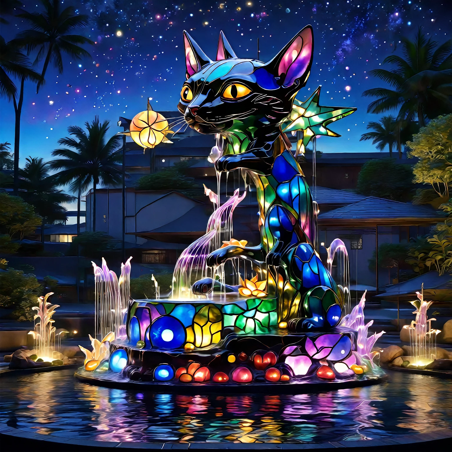 A Maniko-neko statue made with metal and stained glass, in middle of a water fountain of hot, Alien abomination making a wish observing the shooting stars, sweet summer night.