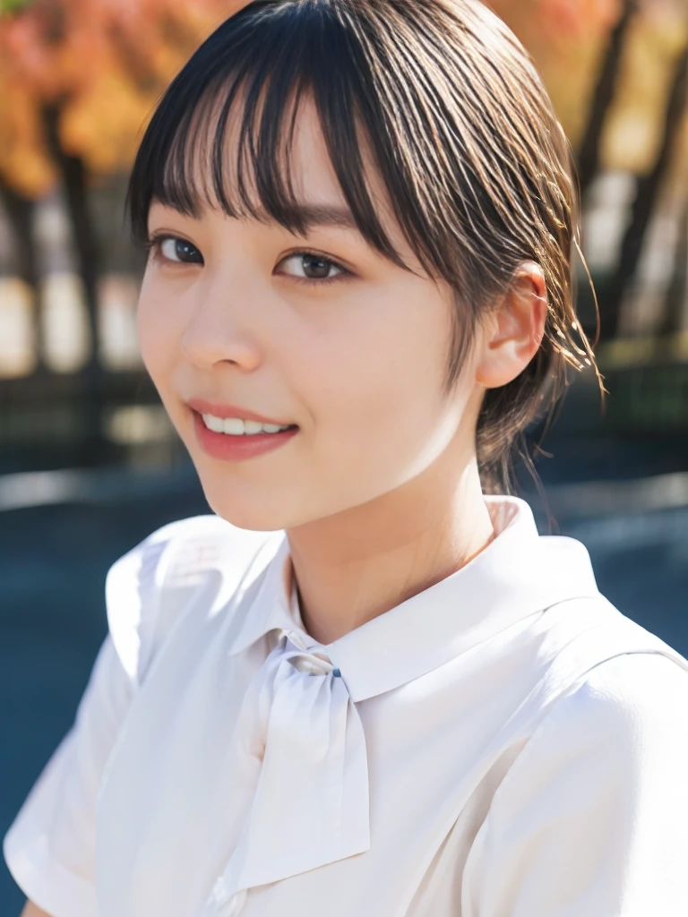 raw photo, 1girl, cute face, beautiful face, medium breast, collared blouse, White blouse, light smile, Upper body, detailed skin, pore, simple background, photorealistic, anatomically correct, masterpiece, best quality, UHD