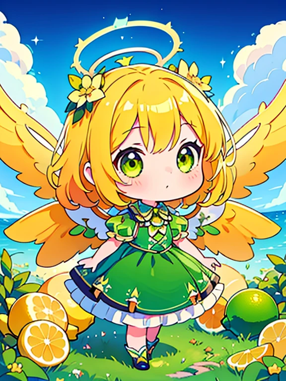 ((Highest quality)), ((masterpiece)), (detailed), Perfect Face, Perfect Arms, anime, Ultra-fine illustration, lemonlimesty, Lemons and limes, ((1 person)), ((Chibi Character)), Cute angel, (Halo, Big Wings:1.3), Long wavy hair, ((heaven)),