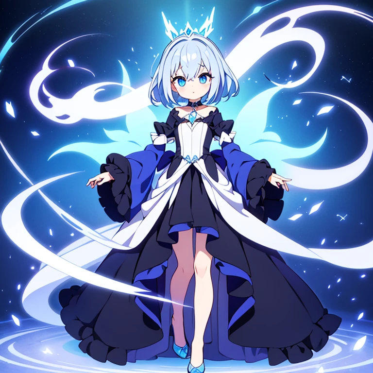 Its body is semi-translucent, shifting between shades of deep indigo and ghostly white, as if made of swirling mist. It has flowing, wispy hair that seems to move as though caught in an unseen breeze. Phantasmist's eyes glow with an eerie, otherworldly light, and its elegant, elongated limbs end in delicate, claw-like fingers that can manipulate ghostly energies with precision.. Full body, beautiful eyes , 1 girl , full body , cute girl , anime style , princess , ball gown , cute eyes
