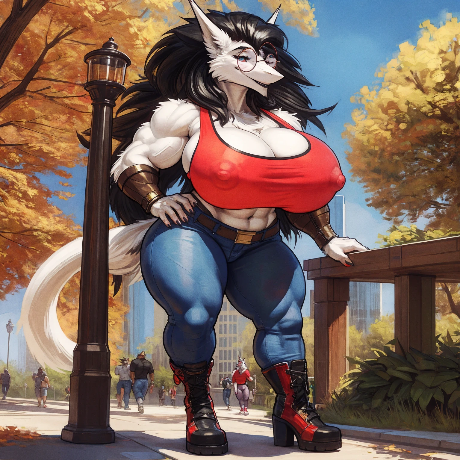 by darkgem, by duase, by BNG, by sligarthetiger, solo, 1girl, sergal, anthro, female, older woman, bodybuilder, muscular, thicc, heavy, (round glasses:1.4), (white fur:1.5), (black hair:1.3), (huge hair:1.2), furry body, wide body, wide hips, muscular thighs, thick thighs, big arms, (huge breasts:1.1), (heavy breasts:1.3), nipple outline, highly detailed eyes, milf, orange tank top, bare midriff, cleavage, large areolae, blue jeans, lowrise jeans, bare midriff, visible thong straps, ankle boots, Masterpiece, best quality, absurd res, highly detailed, cleanly drawn eyes, park environment, cute smile, standing upright, casual posture, buff,