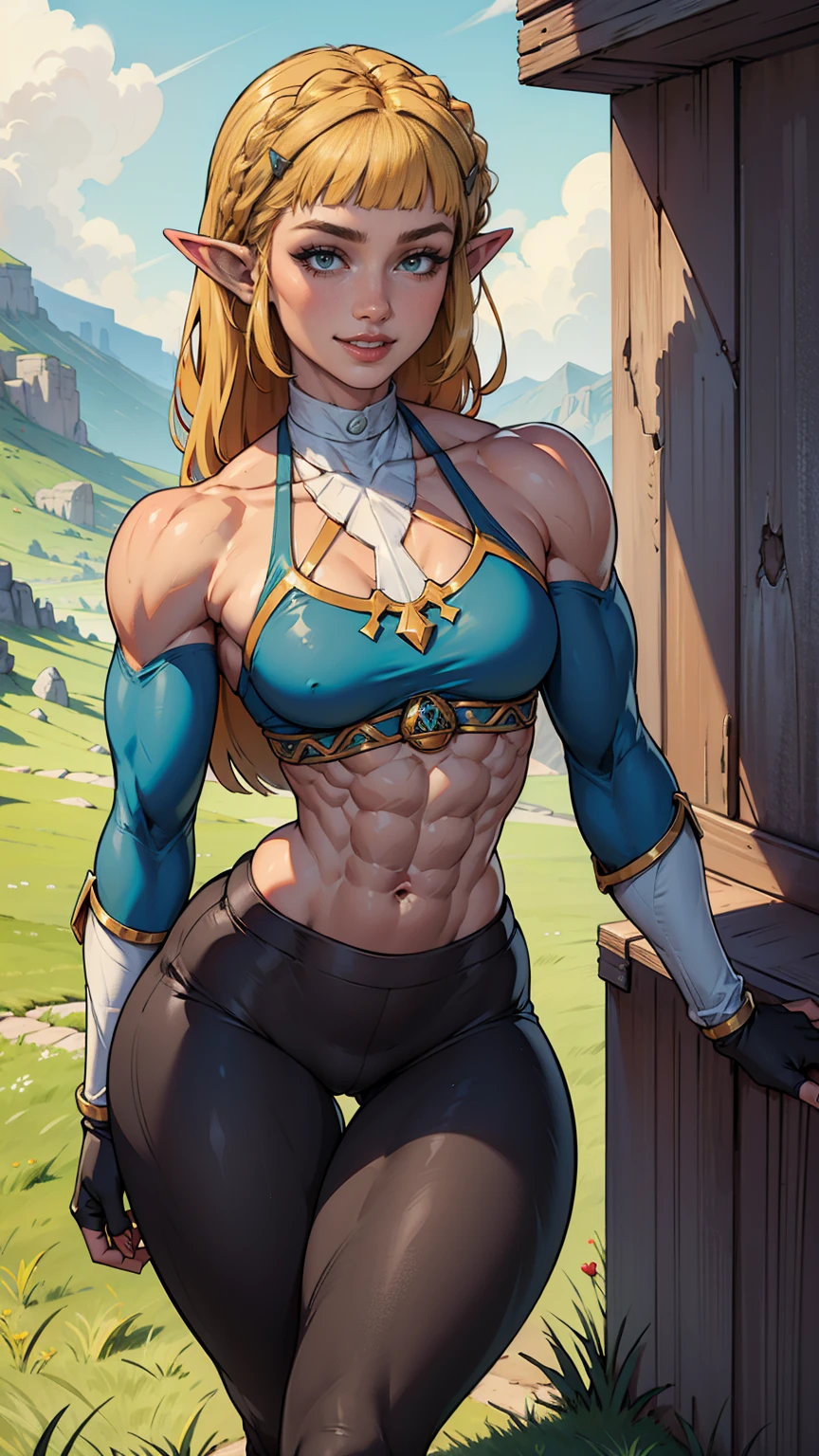 (Muscular:1.6), (thick thighs:1.7),
princess_zelda_aiwaifu, pointy ears, braid, hair ornament, hairclip, fingerless gloves, blue shirt, (halter top), crown braid, long sleeves, (blunt bangs:1.5), green eyes, sidelocks, thick eyebrows, (black pants, tight pants:1.3), (big smile:1.3), (long blonde hair:1.2),
(flat chest:1.9),
eyeshadow, lipstick, (midriff, abs), 
looking at viewer, (three quarter view), upper body view,
rim lighting, detailed skin, detailed eyes, grassy field