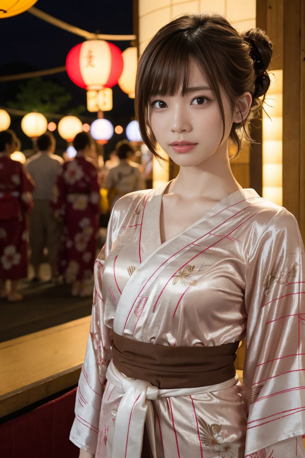 1 woman, hair up, short bob, 28 years old, Japanese, brown eyes, brown hair, slim figure, flat chest,
Blake
See-through yukata, summer festival, night, 