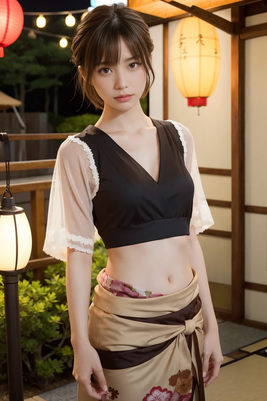 1 woman, hair up, short bob, 28 years old, Japanese, brown eyes, brown hair, slim figure, flat chest,
Blake
See-through yukata, summer festival, night,