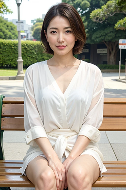 highest quality, 8K, masterpiece, Photoreal, realistic, 1 beautiful Japan woman, mature woman, 40 years old, detailed skin texture, short hair, well-shaped chest, (Nude, oversize white shirts), sitting on a park bench, (spread legs),  