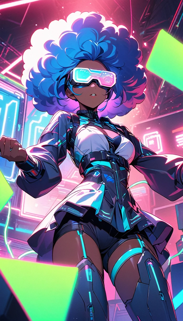 Beautiful, 1 dark skin, single girl, fluffy afro hair, blue hair, glowing wire, VR glasses mixed with sci-fi and neon tones. Behind it is a robot with neon lights. The background image is a large robot, clearly visible. ,on stage,playing electric drums