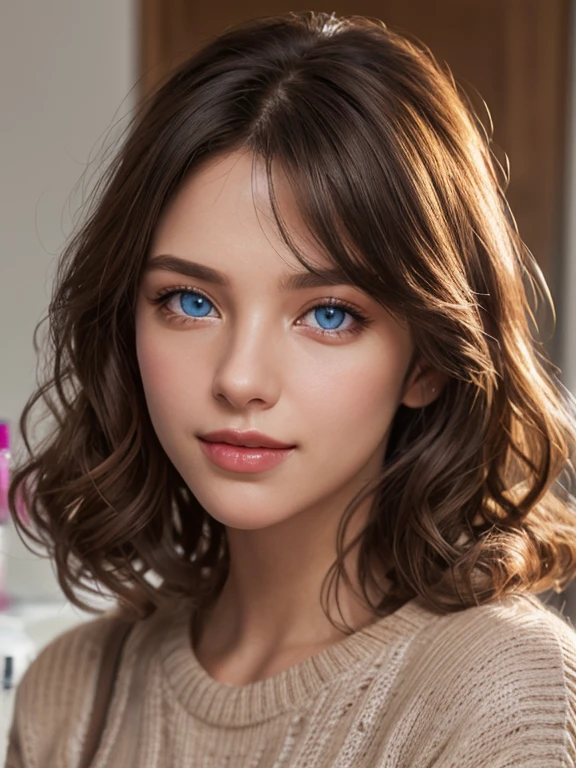 Beautiful brunette in a light beige sweater (Nail care in a modern beauty salon), Very detailed, 21 years old, innocent face, natural wavy hair, Blue eyes, A high resolution, masterpiece, Best quality, complex parts, very detailed, sharp focus, Detailed skin, realistic skin texture, texture, Detailed eyes, professional, 4K, charming smile, shot on Canon, 85 mm, shallow depth of field,  Цвет Kodak Vision, Perfect body, extremely detailed, photor_\(ultra\), Photorealistic, realistic, Treatment after, maximum details, roughness, real life, ultra realist, Photorealism, photo, 8k contract, photo, Work, Bureau