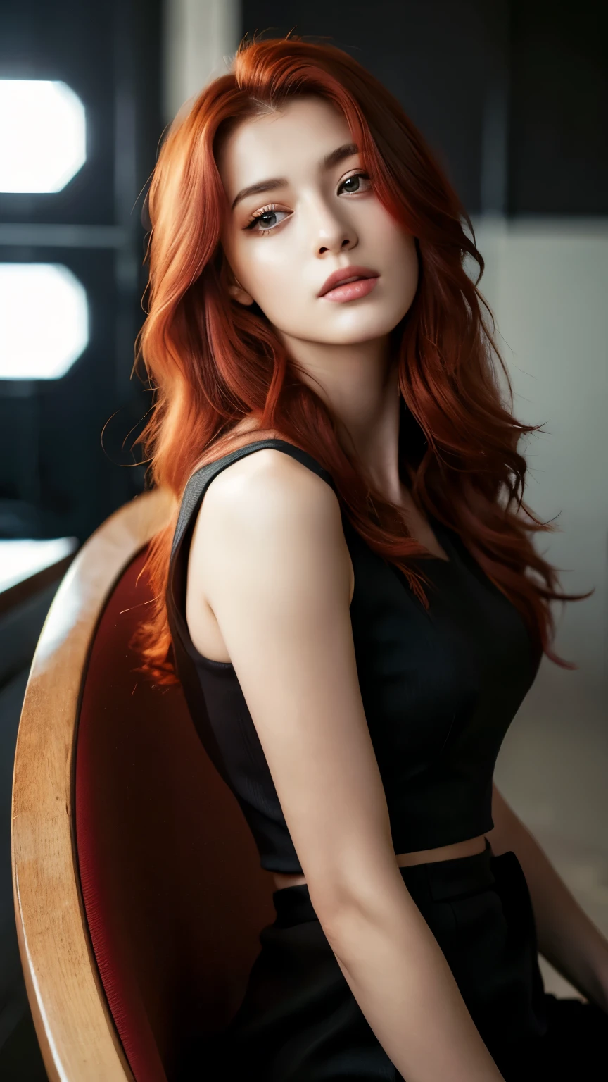 Best quality, masterpiece, ultra high res, (photorealistic:1.4), raw photo, 1girl, waist up, sitting, cinematic, beautiful girl, beautiful eyes, red hair, wearing black dress, jewelerry
