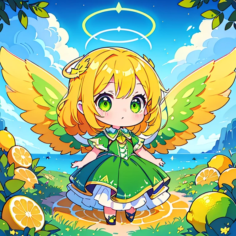 ((Highest quality)), ((masterpiece)), (detailed), Perfect Face, Perfect Arms, anime, Ultra-fine illustration, lemonlimesty, Lemons and limes, ((1 person)), ((Chibi Character)), Cute angel, (Halo, Big Wings:1.3), Long wavy hair, ((heaven)),