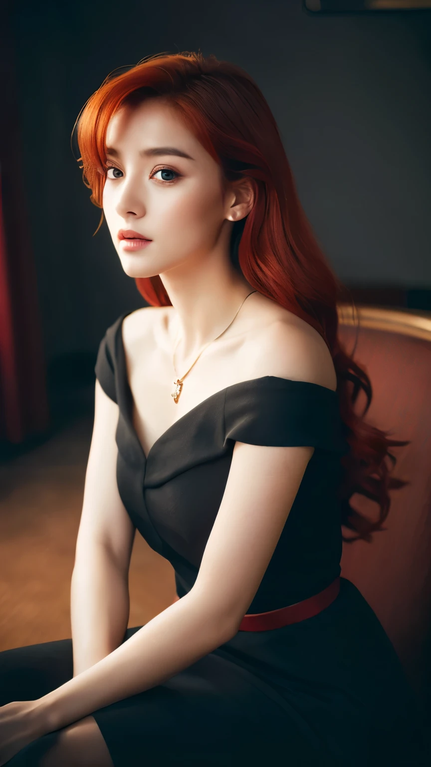 Best quality, masterpiece, ultra high res, (photorealistic:1.4), raw photo, 1girl, waist up, sitting, cinematic, beautiful girl, beautiful eyes, red hair, wearing black dress, jewelerry