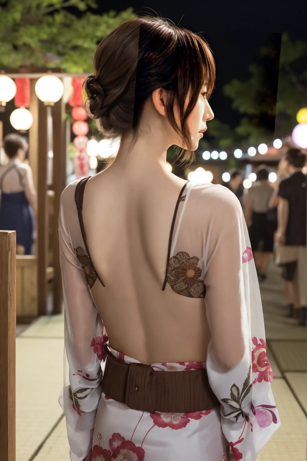 1 woman, hair up, short bob, 28 years old, Japanese, brown eyes, brown hair, slim figure, flat chest,
Blake
See-through yukata, summer festival, night, girl's back view,