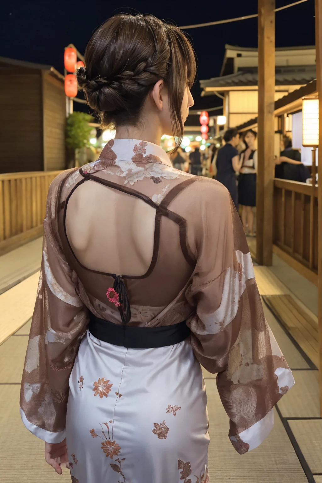 1 woman, hair up, short bob, 28 years old, Japanese, brown eyes, brown hair, slim figure, flat chest,
Blake
See-through yukata, summer festival, night, girl's back view,