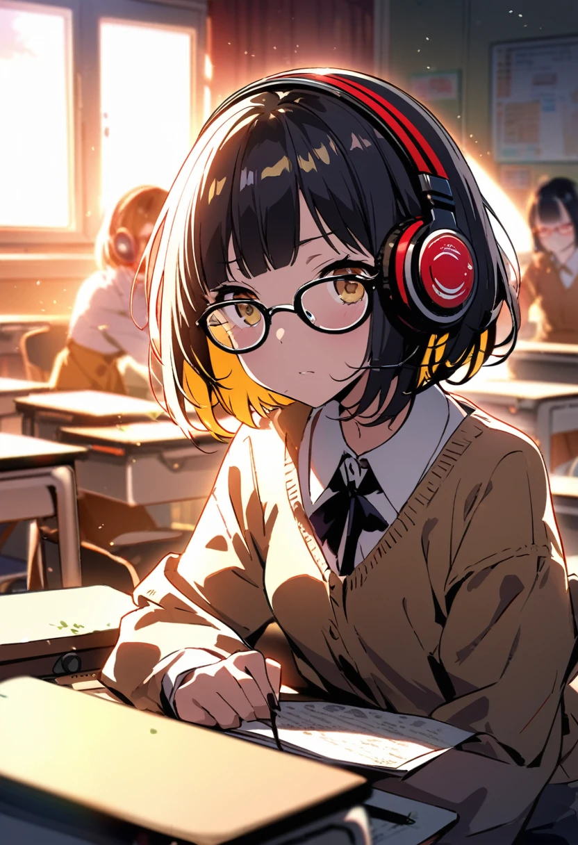 Masterpiece、Extremely detailed illustrations Junk Art Bad Girl short hair Bangs Headphones Yellow under-rim glasses classroom Sunset Mystery experiment