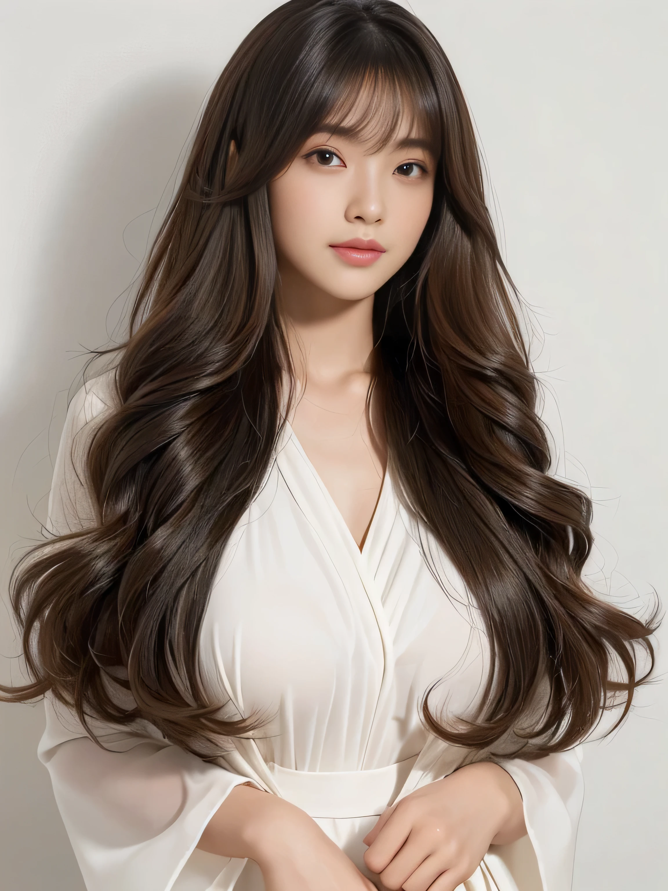A woman with long hair wearing a white dress and a white purse - SeaArt AI