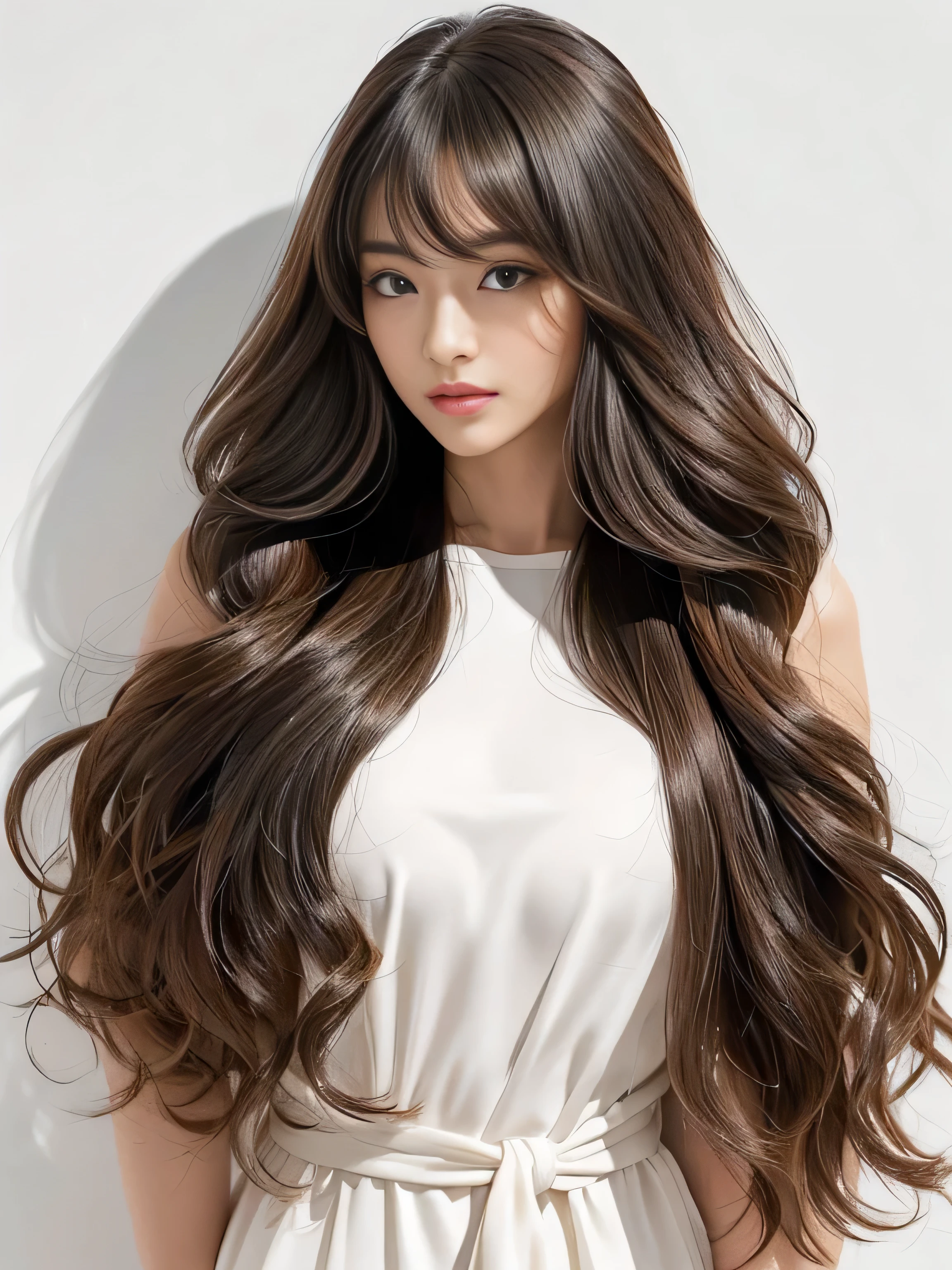 1woman ((Waist up shot:!!!)) (She is standing in front of a white wall、and a pose that makes your hair look as wide as possible:1.8) (Large Breasts:2.0) (She looks very confident as she looks out at the audience..:1.8) ((Highest quality)), ((masterpiece)), (family friendly), (Get used to it) ((She has many hairstyles)) ((Her hair is very long!!!!! & Very fluffy curly hair:1.5)) (((Her hair color is the perfect light brown...:1.8!!))) (Her bangs are neatly trimmed and straight down.:1.5) (Highest qualityの long hair to the ankles!!!!! Highest quality Hair quality with attention to detail long hair to the ankles!!!!!、Very long and lasting hair!!!!! Flowing Hair Her hair is very fluffy and curly.:1.5!!! Very shiny and thick hair Abnormally long hair that lasts forever!!!!! Flowing hair on both ends!!!!! long hair to the ankles!!!!! long hair to the ankles!!!!! Thick and shiny hair Very free hair Abnormally long hair!!!!! Beautiful silky hair Beautiful and shiny hair Beautiful and shiny hair Beautiful silky hair long hair to the ankles!!!!! Very long hair!!!!! Very long hair!!!!!) (Highest quality The best ultra-fine long hair to the ankles!!!!!、Very long hair that lasts forever Flowing Hair Her hair is very fluffy and curly.:1.5!!! Very shiny and thick hair Abnormally long hair that lasts forever!!!!! Flowing hair on both ends long hair to the ankles!!!!! Thick and shiny hair Very free hair Abnormally long hair!!!!! Beautiful silky hair long hair to the ankles!!!!! Beautiful and shiny hair Beautiful and shiny hair Beautiful silky hair long hair to the ankles!!!!! Very very, Very long hair!!!!! Very very, Very long hair!!!!!) (She is the most beautiful 24-year-old hair model in Japan............) Perfect woman'face (Her face shape is thinner than average:1.8) (Her eyes are larger than average:1.8 Her nose is higher than average:1.8) (She has a typical Japanese build and skin color..., Her skin is very high quality and ultra high definition.、very beautiful and glowing skin) (Her face is dignified and sexy)(She achieved her sexy look with the help of a professional makeup artist.。... Lipstick is bright red!!! The eyeliner is a beautiful black) (She has a typical Japanese build and skin color Her skin is very delicate and sensitive..、and、Such beautiful and radiant skin) ((Rich 1.4)) (Extremely detailed 8K) (Ultra-fine skin texture 1.4) (current, Vibrant:1.4), Sharp focus:1.2、Beautiful woman:1.4 Dynamic Lighting (Genuine RAW photos taken by professional photographers) (Surreal photos by professional photographers :1.2)