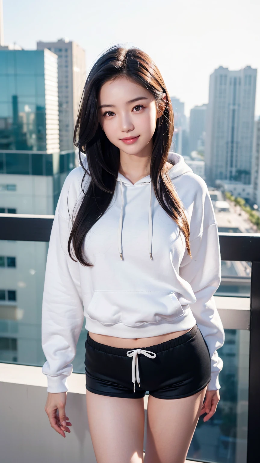 ((RAW photograph, Realistic photo, Best quality, 8K, Masterpiece: 1.3)), (raw photo:1.2), Hyperrealist portrait gorgeous Beautiful Chinese girl, young girl, 16 years old, pretty body, (beautiful breasts: 1.2), very detailed eyes and face, (lustfully naughty face, natural lip, natural makeup: 1.3, blushing, pn1), beautiful detailed eyes, seductive sharp eyes, (charming smile: 1.2), smooth white skin, photo realistic, very detailed faces, ((hoodies, black tight shorts)), (long legs: 1.2, beautiful long nails), loose curls hairstyle, ((Cinematic standing pose)), (midnight modern balcony background)