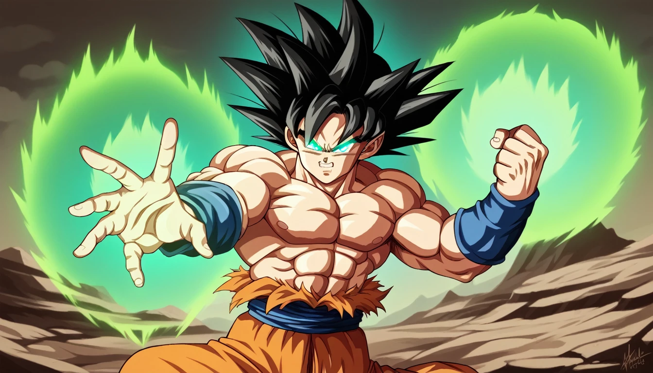 a powerful and muscular goku in his ultimate ultra instinct transformation, detailed facial features, intense glowing eyes, ultra detailed, cinematic lighting, dramatic poses, epic sci-fi landscape, glowing energy aura, ultra detailed skin textures, 8k, best quality, photorealistic, hyper detailed