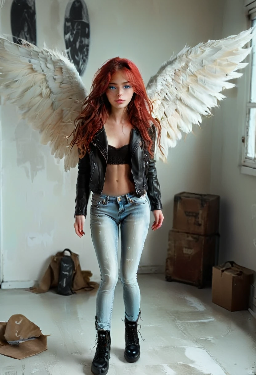 Girl with long red hair. She has blue eyes and her skin is white. She’s wearing a black leather jacket, blue jeans, and she has storage shoes. She has big red wings and she can fly. [Girl] [Wings] [Fantastic] [Beautiful]