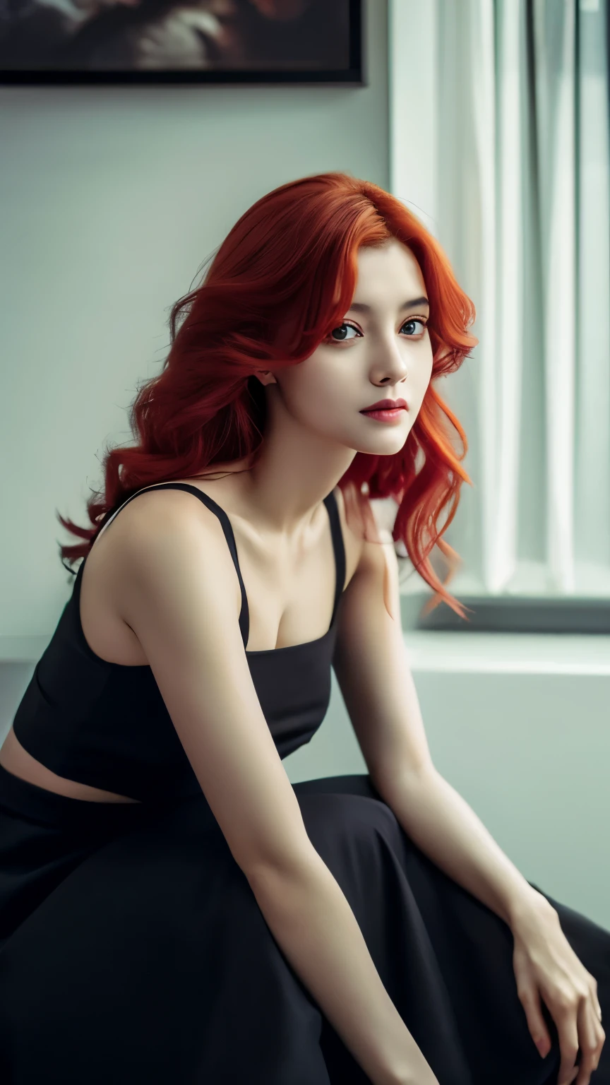 Best quality, masterpiece, ultra high res, (photorealistic:1.4), raw photo, 1girl, waist up, sitting, cinematic, beautiful girl, beautiful eyes, red hair, wearing black dress, jewelerry