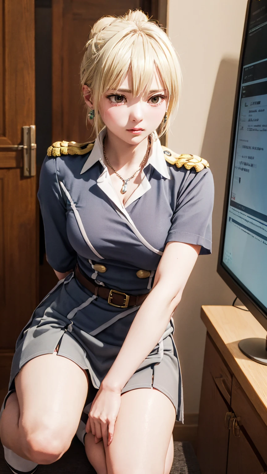 (masterpiece: 1.3), (Maximum resolution: 1.2), (Ultra HD TV: 1.2), Cinematic Light, 8K resolution, Detailed facial features , (Sharp focus: 1.2),Perfect Style, Beautiful Face, Acura, Anatomically correct, Highly detailed face and skin quality感, Beautiful Eyes,Bright Eyes, Natural Cheeks, Glowing Skin, (Glossy Lips: 1.4),、 (A shameful expression: 1.2),Highly detailed face and skin quality, Natural Cheeks, , Glossy Lips,Exposed cleavage、(White mucus on chest:1.6)(White mucus on thighs:1.6)、、露出したwoman器、shame、Please open your knees、Weakness、tears、sorrow、、Spread your legs、、Sparkly little earrings and necklace、Disheveled clothes、stockings、Drenched in sweat、woman,1 person、blonde、Blonde、Blue-gray eyes、Green-gray eyes,(Miniskirt military uniform:1.4)、dissatisfaction、Masturbate、Soft Breasts、Healthy legs、Bare thighs、銃身をwoman器に挿入する、Panting、to be delighted、Climax、Cowgirl