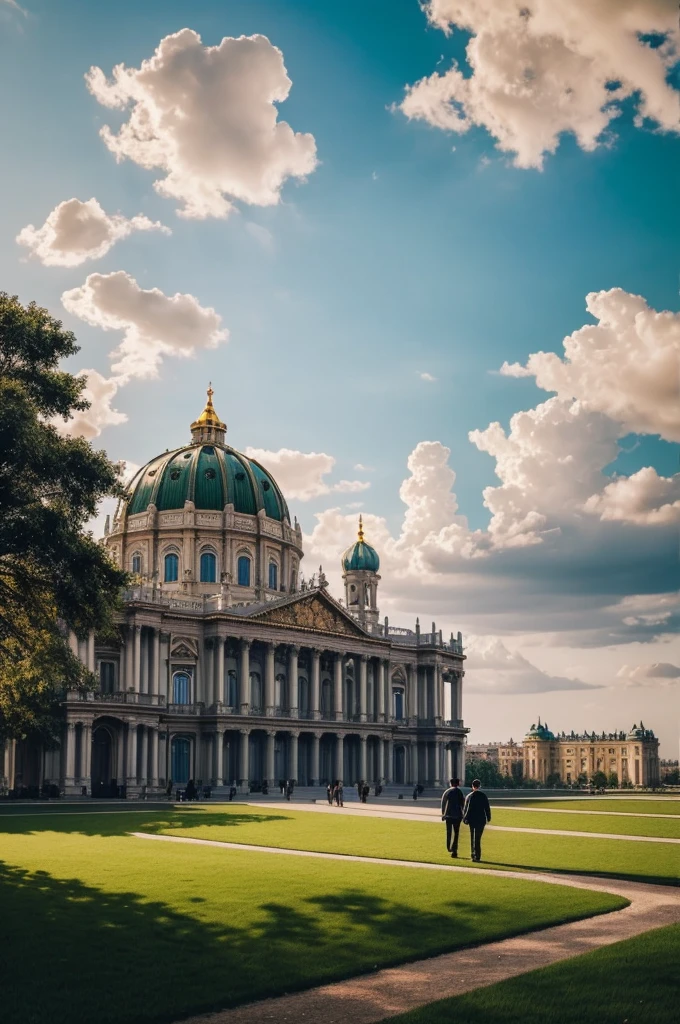 A beautiful picture from the back of a man walking side by side to jesus to the beautyful and mighty kingdom of heaven. Infront of them is a gigantic palace and beautifull buildings of rhe paradise. On their way there are many good looking trees and plants and the ground is covered in green grass. Rigt and left from the palace and the buildings are many rose and white clouds, wich also are in rhe whole background of the image. Some clouds should slightly cover the big palace city., the sky is dark and the galaxy and the shiny stars are the background