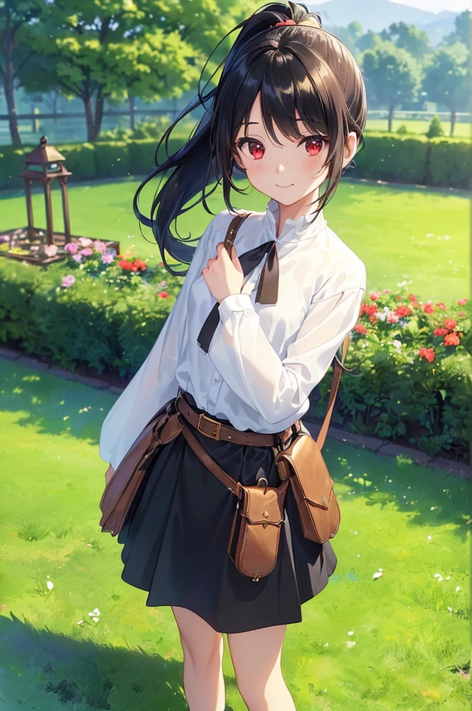 (masterpiece; best quality: 1.2), (finely detailed eyes: 1.3), ((10 year old female ???)), ((solo)), (red eyes: 1.4), (body; short, slender: 1.3), (black hair in ponytail: 1.3), (beautiful and clear background: 1.2), ((depth of field)), (clothes: wanderer mage attire + white-and-gold wide-sleeve high-neck shirt + very long black skirt + belts + traveler pouches and satchel: 1.3), (anime illustration: 1.2), (background; garden exterior: 1.1), (extremely fine and beautiful: 1.1), (shot composition; standing + centered on torso + close-up: 1.5), (expression; calm, smile: 1.2)