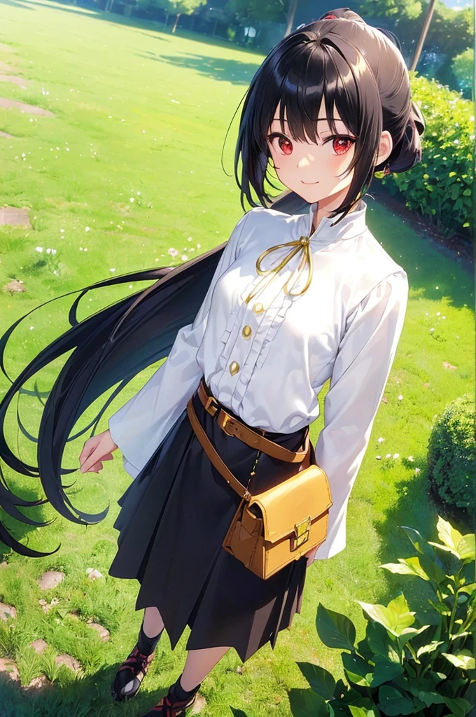(masterpiece; best quality: 1.2), (finely detailed eyes: 1.3), ((10 year old female ???)), ((solo)), (red eyes: 1.4), (body; short, slender: 1.3), (black hair in ponytail: 1.3), (beautiful and clear background: 1.2), ((depth of field)), (clothes: wanderer mage attire + white-and-gold wide-sleeve high-neck shirt + very long black skirt + belts + traveler pouches and satchel: 1.3), (anime illustration: 1.2), (background; garden exterior: 1.1), (extremely fine and beautiful: 1.1), (shot composition; standing + centered on torso + close-up: 1.5), (expression; calm, smile: 1.2)