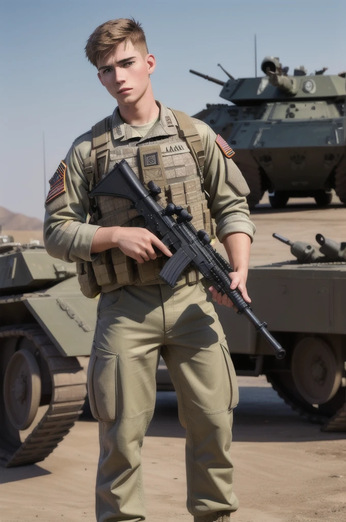((masterpiece)), ((best quality:1.2)), High Resolution, 8k, (ultra_realistic:1.3), (photorealistic:1.4), sharp focus, yaoi, 1boy, (perfect face), american soldier, caucasian, white man, handsome sexysoldier,,with military equipment,,name Donny.R with guns