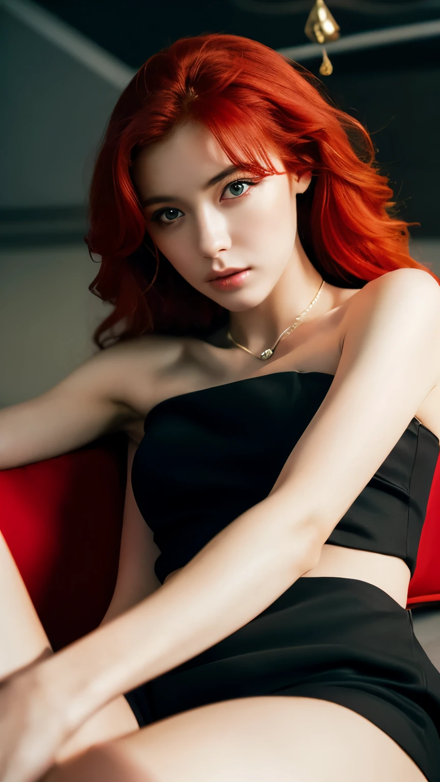 Best quality, masterpiece, ultra high res, (photorealistic:1.4), raw photo, 1girl, waist up, sitting, cinematic, beautiful girl, beautiful eyes, red hair, wearing black dress, jewelerry
