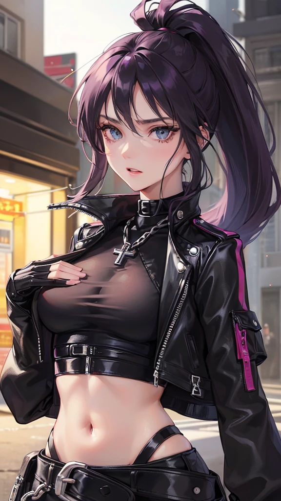 Photograph of the upper body of a beautiful woman, , normal breasts, perfect body), Sharp focus, (tall body, mature woman), ((Looking ahead)), (Highly detailed skin, hair follicles:1.4,) (long ponytail hairstyle ,Dark purple hair, blue eyes) , (black crop top:1.47),(black leather pants),(fur jacket),chain , There are tears. , Cross necklace , wearing a black leather jacket, cross chain, city scenery , punk , night light , high quality ,cold expression, one leather gloves , biker style , cool