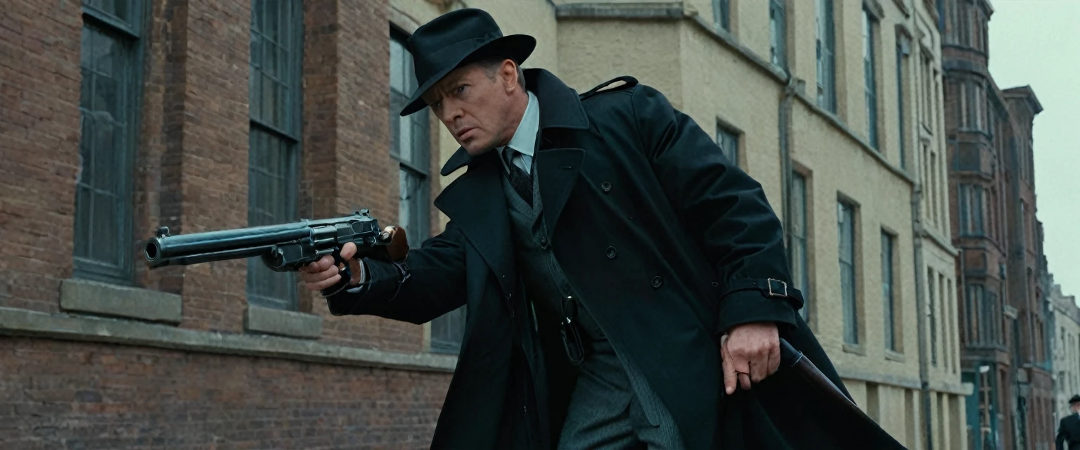 score_9, score_8_up, score_7_up, source_photo, photography, realistic, detailed, cinematic angle, rating safe, from side, Wide shot, 1boy, 45years old, Eliot Ness in Black Trench Coat is holding a submachine gun to viewer, masterpiece, 8k,