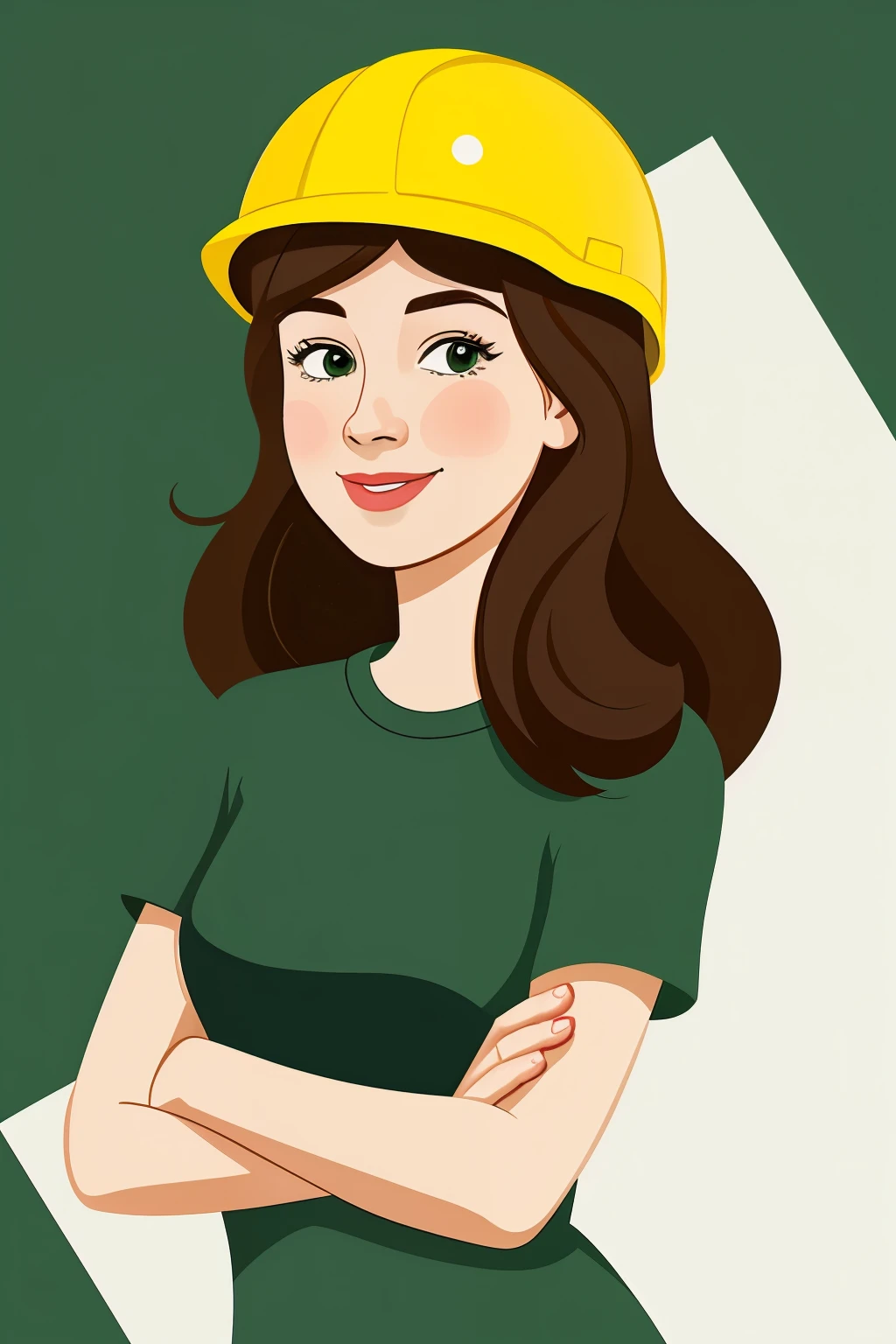 Cartoon animated character of young female architect with brown hair and green eyes wearing helmet 