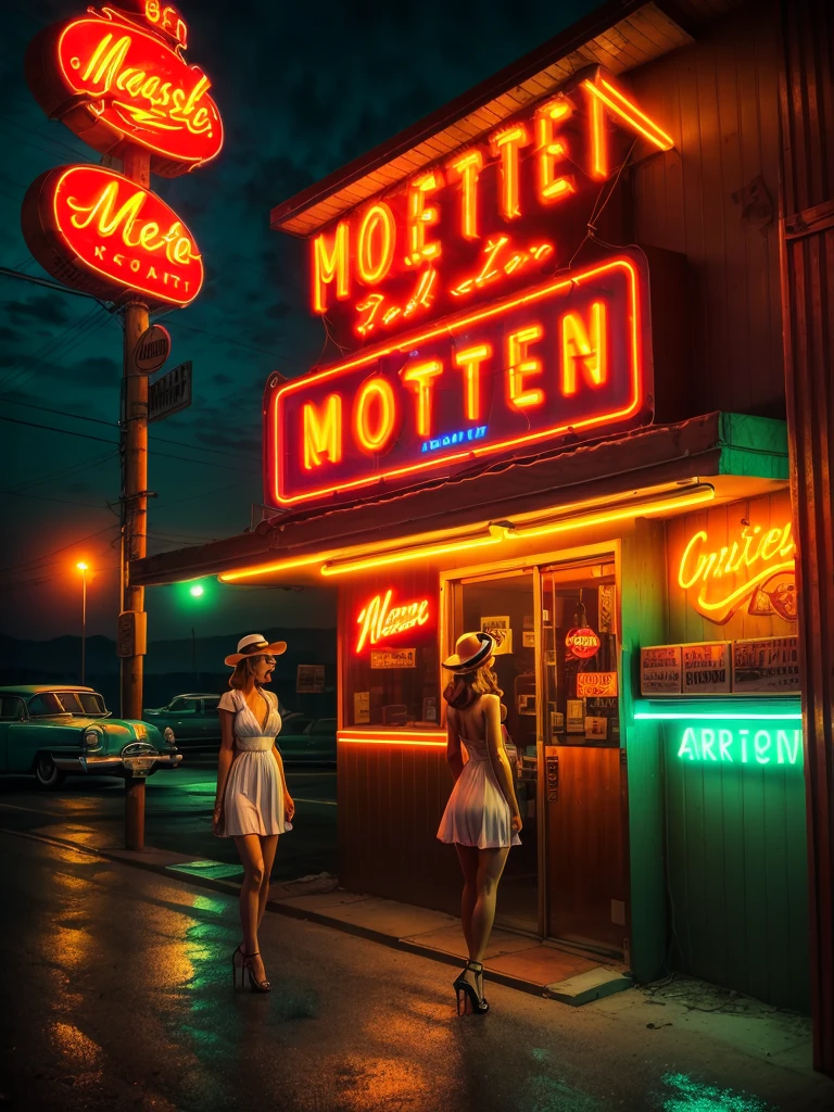 ((masterpiece, highest quality, Highest image quality, High resolution, photorealistic, Raw photo, 8K)), arafed view of a motel with a car parked in front of it, with neon signs, A woman waiting for a guest in front of a motel, seduction, short dress and high heels, route 6 6, neon signs, 1 9 5 0 s americana tourism, some have neon signs, neon lights outside, neon advertisements, gigantic neon signs, neon shops, by Arnie Swekel, few neon signs, neon signs in background,  sultry look, seductive
