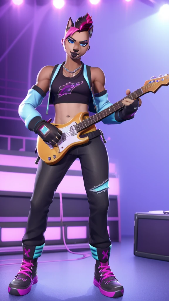 furry girl, dog, multicolored hair, pink hair, black hair, mohawk, makeup, black eyeshadows, blue eyes, ((fingerless gloves, black rock jacket, open clothes, tank top, midriff, pants, shoes)), instrument, guitar, electric guitar, narrowed eyes, detailed body fur, detailed face, detailed eyes, glistering body, shiny body, gorgeous body, skinny, solo, :3, white body fur, sharp teeths, grim, concert stage, electricity on guittar, fortnite style, blue backgroud,