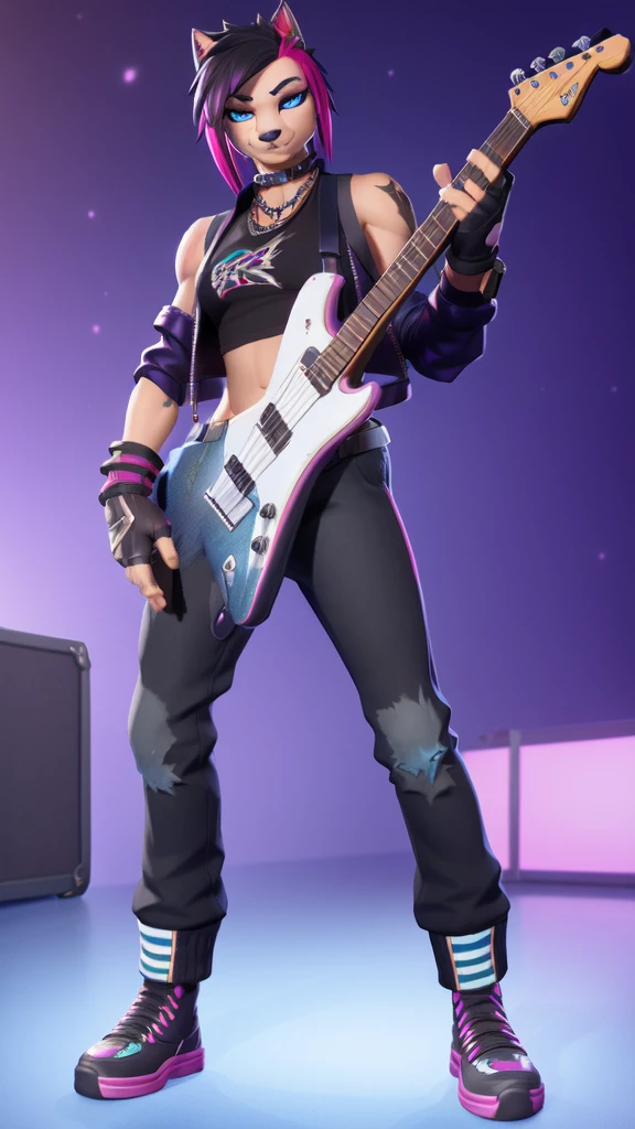furry girl, dog, multicolored hair, pink hair, black hair, mohawk, makeup, black eyeshadows, blue eyes, ((fingerless gloves, black rock jacket, open clothes, tank top, midriff, pants, shoes)), instrument, guitar, electric guitar, narrowed eyes, detailed body fur, detailed face, detailed eyes, glistering body, shiny body, gorgeous body, skinny, solo, :3, white body fur, sharp teeths, grim, concert stage, electricity on guittar, fortnite style, blue backgroud, 