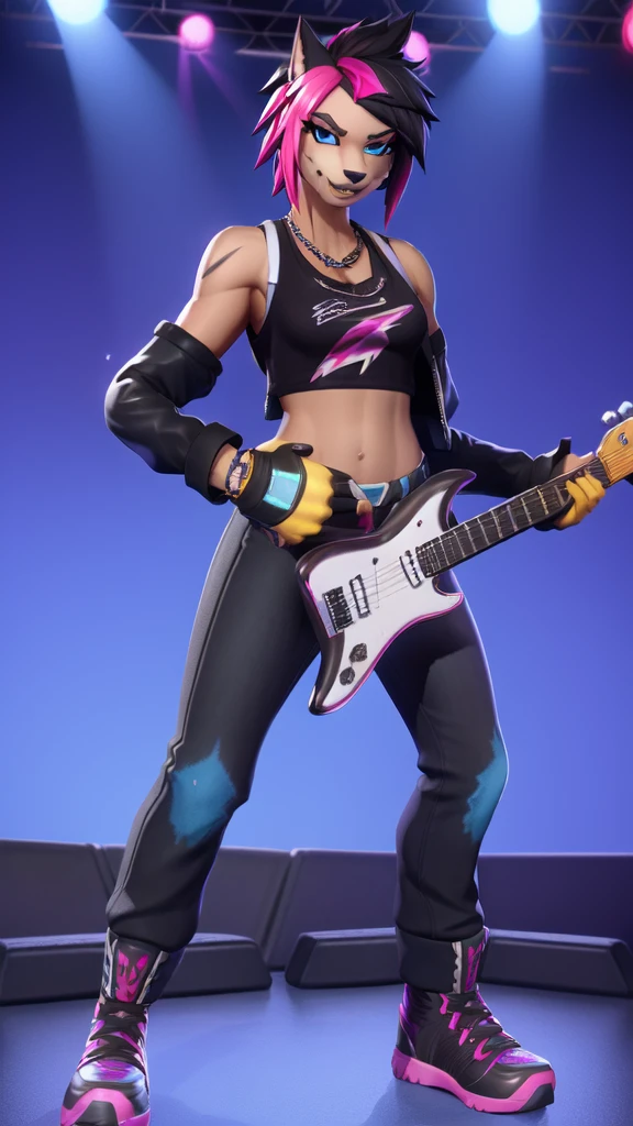 furry girl, dog, multicolored hair, pink hair, black hair, mohawk, makeup, black eyeshadows, blue eyes, ((fingerless gloves, black rock jacket, open clothes, tank top, midriff, pants, shoes)), instrument, guitar, electric guitar, narrowed eyes, detailed body fur, detailed face, detailed eyes, glistering body, shiny body, gorgeous body, skinny, solo, :3, white body fur, sharp teeths, grim, concert stage, electricity on guittar, fortnite style, blue backgroud,