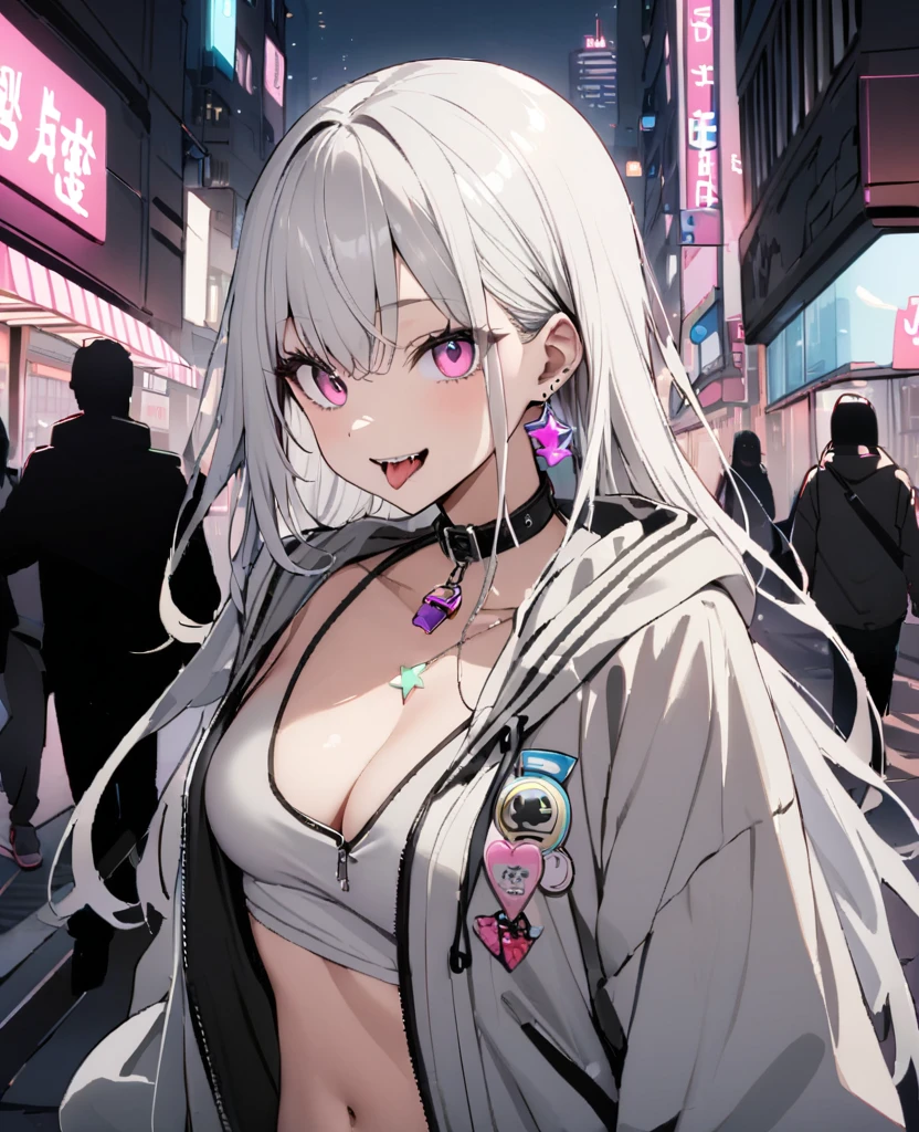 (masterpiece:1.2)、Highest quality、Pixiv、Rebellious girl、One Girl、Open your mouth、鋭いteeth、teeth、Long Hair、Street background、gem、badge、ボタンbadge、food、Pink Eyes、Earrings、Jacket、eyelash、foodを下にして、star (symbol)、Upper Body、Dressed characters、zipper、collar、cable、Lock、tongue、Stickers、hoodie、smile、spike、Focus on your audience、長いtongue、Central chest、Shoulder Bare、belly button、Black and white hair color,Cyberpunk City,Night view,black and white grey outfit