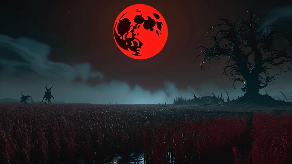 Under the ominous glow of a blood-red moon, a lone wheatfield stretches out, its golden stalks rustling eerily in the night breeze. Amidst this sea of swaying grain, a small, sinister creature lurks, its malevolent presence casting a shadow over the tranquil landscape.
The creature, a satanic little monster with twisted horns and glowing eyes, prowls between the wheat stalks. Its skin is a mottled black and crimson, covered in runic markings that pulse with a dark energy. Sharp, jagged teeth glint as it grins wickedly, and its claws leave a trail of scorched earth in its wake.
In the distance, the ancient silhouette of a crumbling windmill looms, adding to the haunting ambiance of the scene. The moonlight bathes the field in a crimson hue, casting long, sinister shadows that dance with the movement of the creature.
Eerie whispers and distant howls fill the air, as if the night itself is alive with dark enchantments. The wheatfield, usually a symbol of harvest and life, now feels cursed, every stalk seeming to lean away from the demonic intruder.
What dark ritual summoned this monster on this night of the red moon? What sinister purpose drives it as it moves through the fields? This AI-generated image captures the unsettling and malevolent atmosphere of a dark medieval fantasy world, where evil forces roam freely under the blood moon."