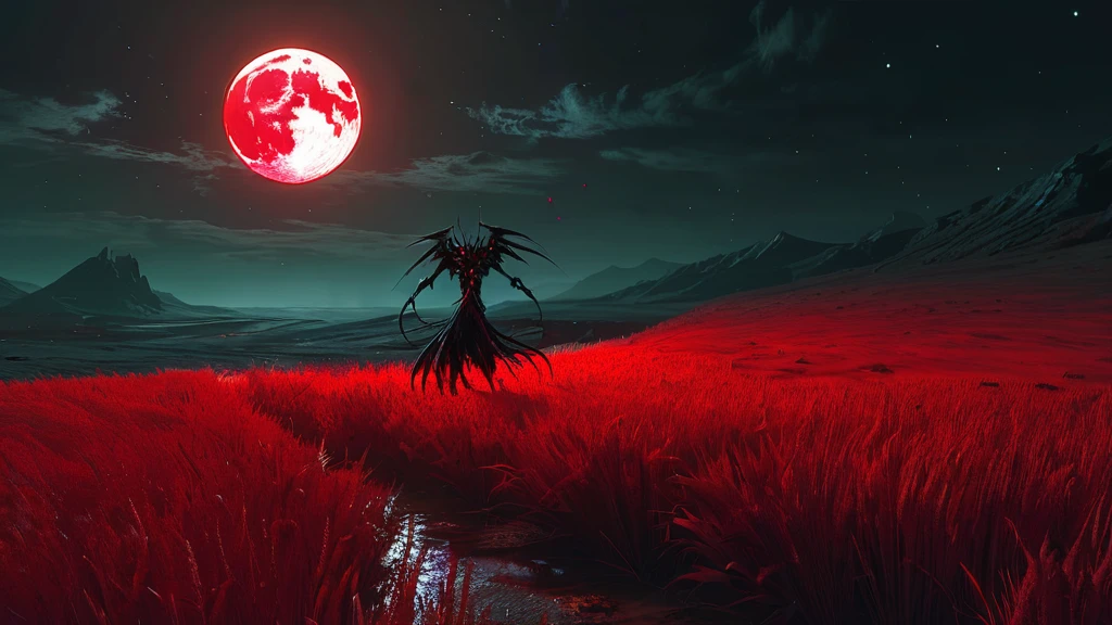 Under the ominous glow of a blood-red moon, a lone wheatfield stretches out, its golden stalks rustling eerily in the night breeze. Amidst this sea of swaying grain, a small, sinister creature lurks, its malevolent presence casting a shadow over the tranquil landscape.

The creature, a satanic little monster with twisted horns and glowing eyes, prowls between the wheat stalks. Its skin is a mottled black and crimson, covered in runic markings that pulse with a dark energy. Sharp, jagged teeth glint as it grins wickedly, and its claws leave a trail of scorched earth in its wake.

In the distance, the ancient silhouette of a crumbling windmill looms, adding to the haunting ambiance of the scene. The moonlight bathes the field in a crimson hue, casting long, sinister shadows that dance with the movement of the creature.

Eerie whispers and distant howls fill the air, as if the night itself is alive with dark enchantments. The wheatfield, usually a symbol of harvest and life, now feels cursed, every stalk seeming to lean away from the demonic intruder.

What dark ritual summoned this monster on this night of the red moon? What sinister purpose drives it as it moves through the fields? This AI-generated image captures the unsettling and malevolent atmosphere of a dark medieval fantasy world, where evil forces roam freely under the blood moon."