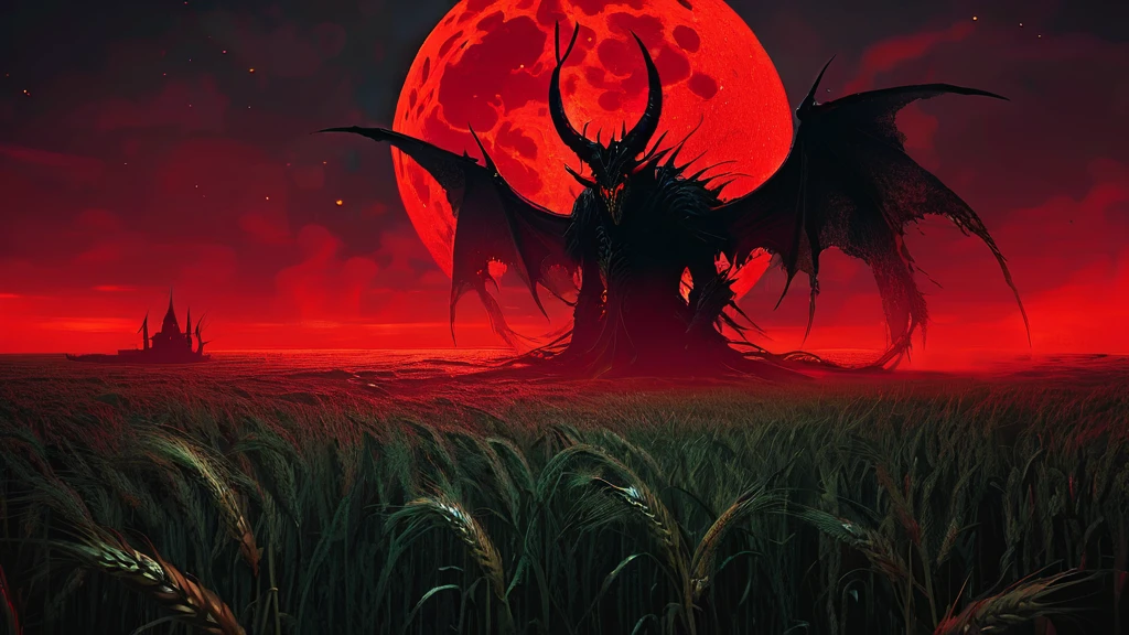 Under the ominous glow of a blood-red moon, a lone wheatfield stretches out, its golden stalks rustling eerily in the night breeze. Amidst this sea of swaying grain, a small, sinister creature lurks, its malevolent presence casting a shadow over the tranquil landscape.

The creature, a satanic little monster with twisted horns and glowing eyes, prowls between the wheat stalks. Its skin is a mottled black and crimson, covered in runic markings that pulse with a dark energy. Sharp, jagged teeth glint as it grins wickedly, and its claws leave a trail of scorched earth in its wake.

In the distance, the ancient silhouette of a crumbling windmill looms, adding to the haunting ambiance of the scene. The moonlight bathes the field in a crimson hue, casting long, sinister shadows that dance with the movement of the creature.

Eerie whispers and distant howls fill the air, as if the night itself is alive with dark enchantments. The wheatfield, usually a symbol of harvest and life, now feels cursed, every stalk seeming to lean away from the demonic intruder.

What dark ritual summoned this monster on this night of the red moon? What sinister purpose drives it as it moves through the fields? This AI-generated image captures the unsettling and malevolent atmosphere of a dark medieval fantasy world, where evil forces roam freely under the blood moon."