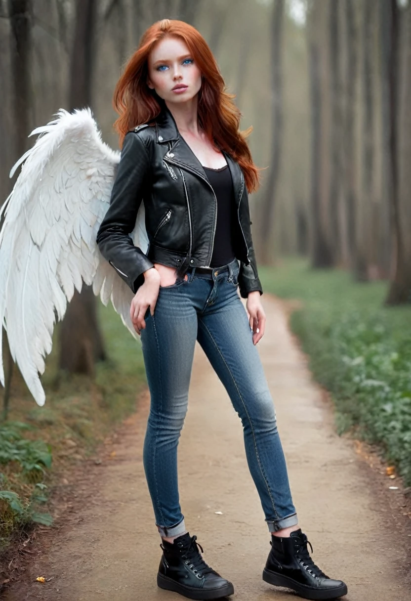 Girl with long red hair. She has blue eyes and her skin is white. She’s wearing a black leather jacket, blue jeans, and she has storage shoes. She has big red wings and she can fly. [Girl] [Wings] [Fantastic] [Beautiful]