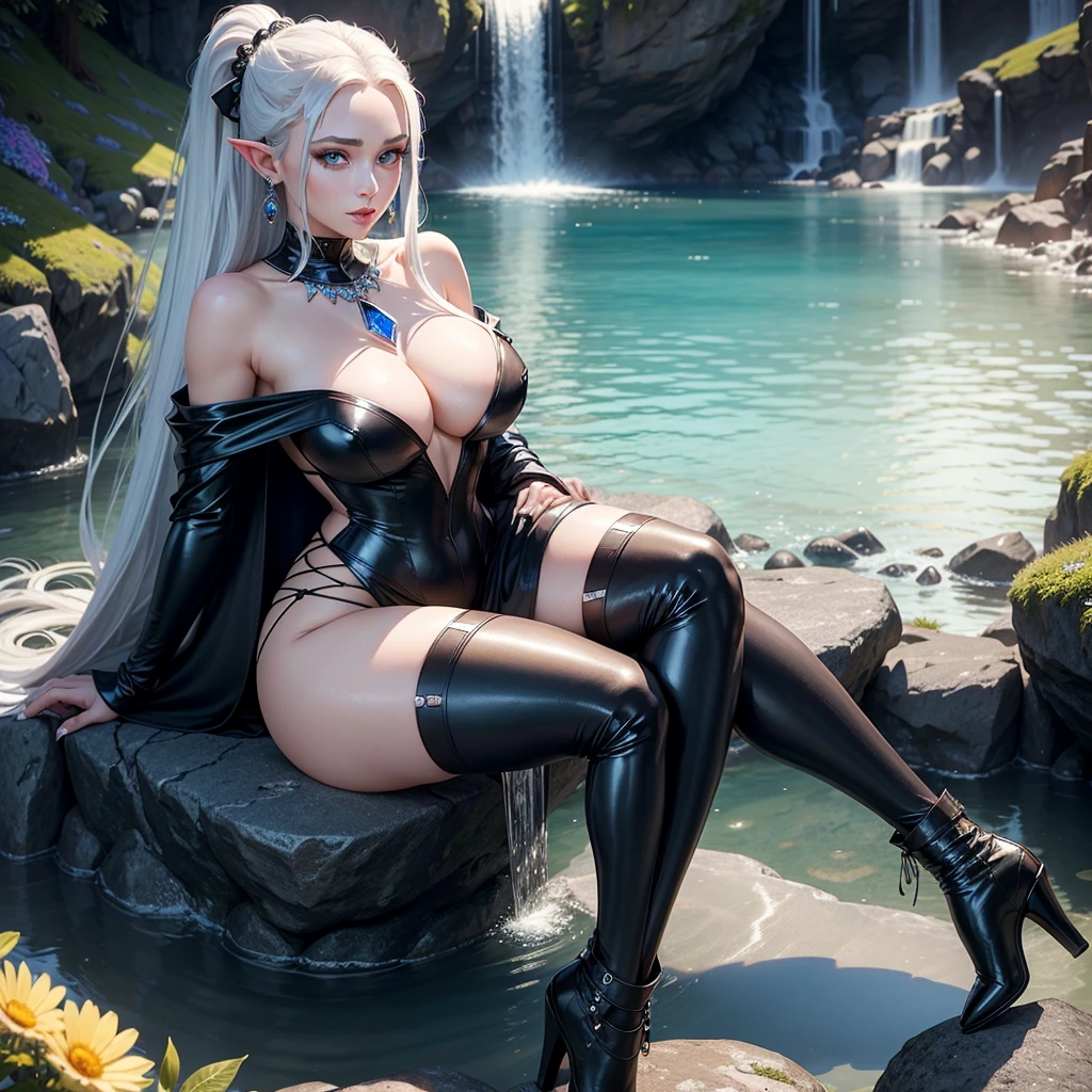 Full body image of a white-skinned woman, Perfect beauty,Masterpiece, long white hair up in ponytail style, symmetrical face, perfect smile,big well defined eyes, well detailed sapphire blue pupils,long pointed ears, Red lips, silver earrings with sapphire in the center in the shape of tears in the ears, long silver necklace with a diamond-shaped sapphire in the center on the chest, very big breasts, thick legs, low-cut blue blouse,a black cape on the back with the lapels raised,tight-fitting matte black leather pants, black heeled ankle boots, sitting on a rock surrounded by colorful flowers,a lake with crystal clear waters with a waterfall in the background.