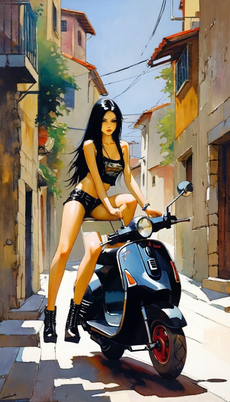 Very sexy girl, long black hair, punk look, sitting on a scooter, motorcycle, black leather miniskirt, on a stone Italian town street, tank top, pronounced nipples, small breasts,(art inspired in Bill Sienkiewicz). oil painting)