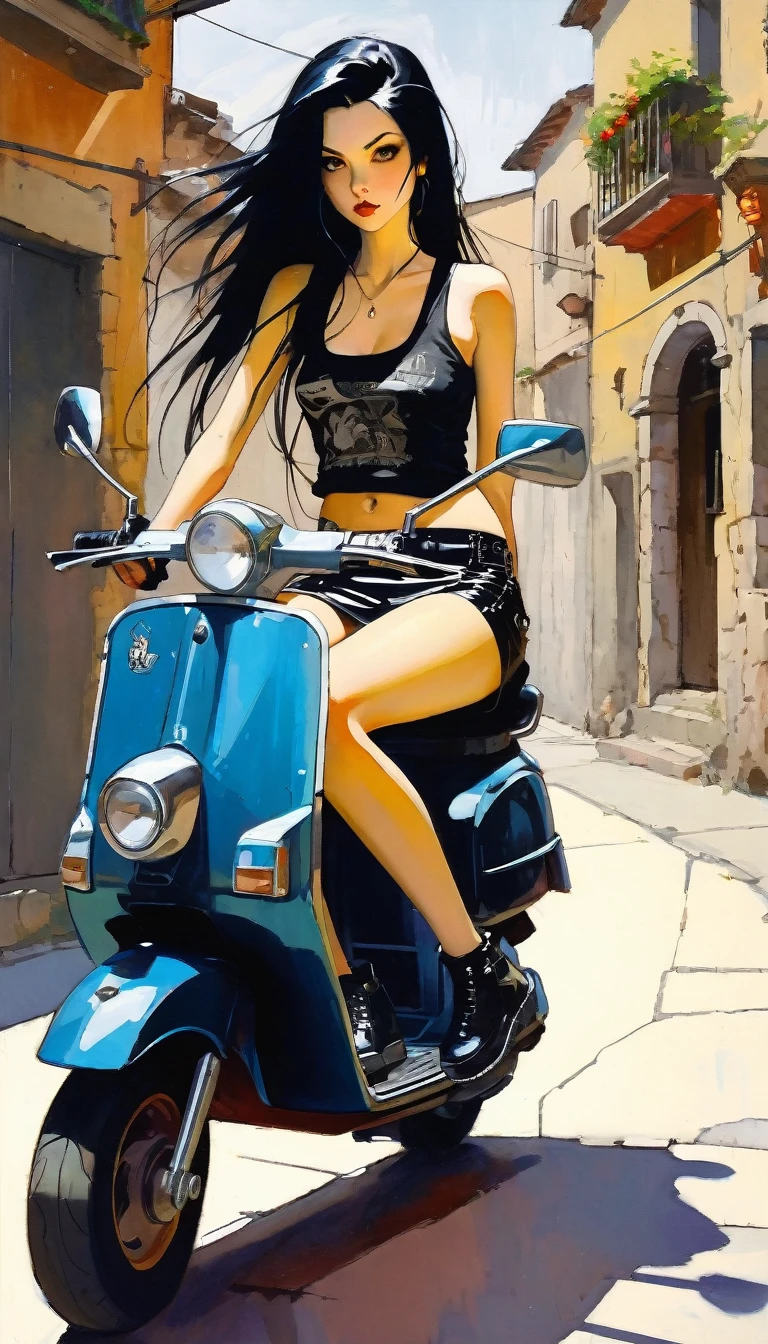 Very sexy girl, long black hair, punk look, sitting on a scooter, motorcycle, black leather miniskirt, on a stone Italian town street, tank top, pronounced nipples, small breasts,(art inspired in Bill Sienkiewicz). oil painting)