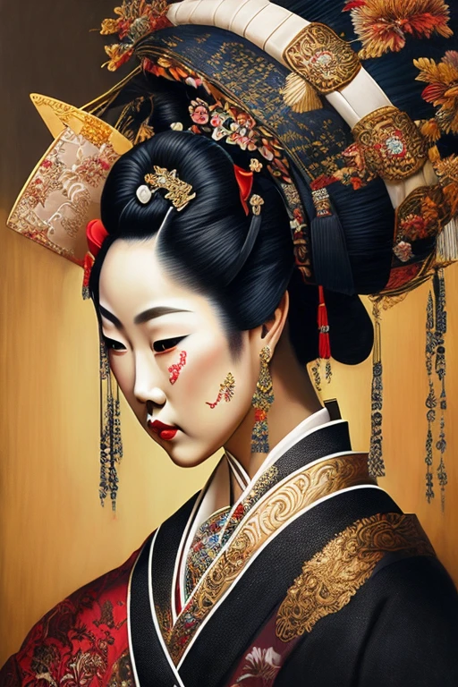 A traditional oil painting, meticulously crafted, showcases a captivating portrait of a geisha adorned in ornate attire. The artwork is painted in a palette of dramatic, dark hues, evoking an atmosphere of mystery and allure. The geisha's enigmatic expression, accentuated by abstract expressionist brushstrokes, captures the viewer's attention and invites them to delve deeper into the scene. The intricate details and heavy brushwork pay homage to the traditional style, while the use of bold, contrasting colors adds a modern twist. This masterpiece, in high resolution and 8k, exudes a sense of timeless elegance and beauty