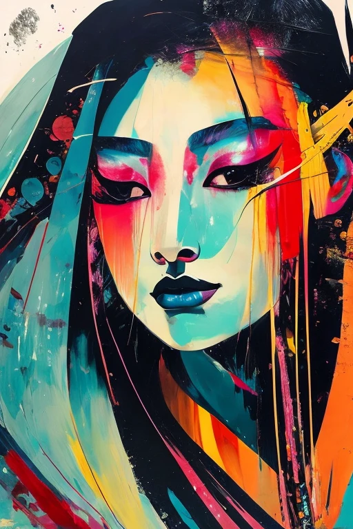 In the realm of art, a stunning traditional portrait of a captivating geisha gracefully emerges in abstract expressionism. The painting is brimming with dark, dramatic colors, creating an atmosphere of profound mystery and allure. Bold brushstrokes and a rich palette of inks and pigments are expertly employed to portray the geisha's delicate features – wide, expressive eyes, a subtle smile hidden behind a demure veil, and an enigmatic aura that seems to emanate from her very being. Fragmented yet evocative, the portrait unfolds like a riddle, inviting the viewer to explore the myriad layers of emotion hidden within its abstract