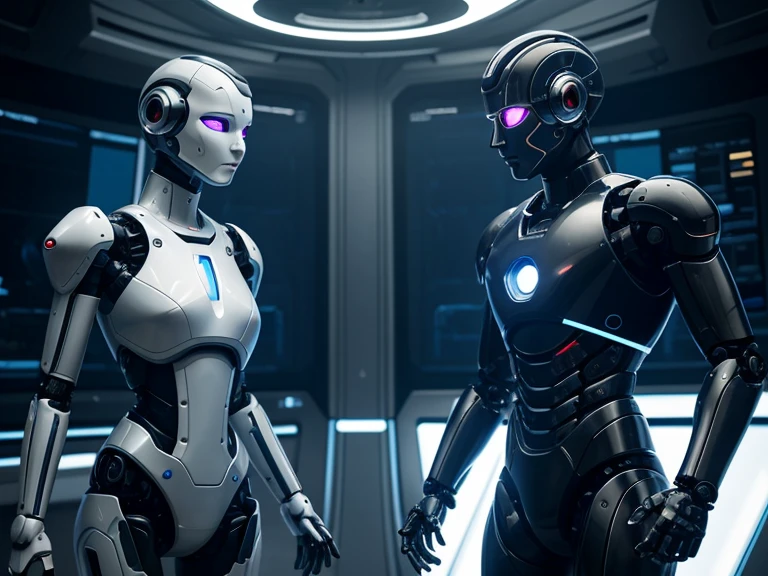 In a futuristic laboratory filled with glowing screens and intricate machinery, two advanced robots engage in conversation. The camera employs a smooth tracking shot, moving alongside the robots as they converse. Their sleek metallic surfaces reflect the ambient light, creating a high-tech atmosphere. As they walk and talk, their LED eyes blink rhythmically, and their articulated joints move with precision. The background, with its array of technological wonders, blurs slightly to keep the focus on the robots. The dialogue between them, filled with synthesized voices and occasional mechanical sounds, delves into topics of artificial intelligence and their purpose. The camera maintains a consistent pace, following their interaction closely and capturing the essence of their conversation and the sophisticated environment they inhabit.