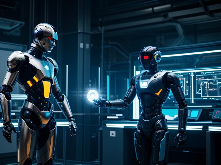 In a futuristic laboratory filled with glowing screens and intricate machinery, two advanced robots engage in conversation. The camera employs a smooth tracking shot, moving alongside the robots as they converse. Their sleek metallic surfaces reflect the ambient light, creating a high-tech atmosphere. As they walk and talk, their LED eyes blink rhythmically, and their articulated joints move with precision. The background, with its array of technological wonders, blurs slightly to keep the focus on the robots. The dialogue between them, filled with synthesized voices and occasional mechanical sounds, delves into topics of artificial intelligence and their purpose. The camera maintains a consistent pace, following their interaction closely and capturing the essence of their conversation and the sophisticated environment they inhabit.